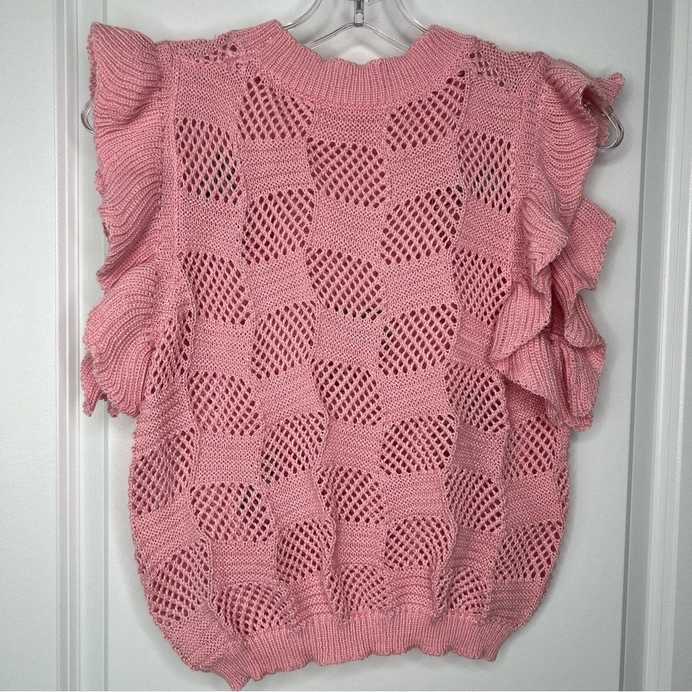 Pink Knit Sweater with Red Strawberry Design Sz Small Flutter Sleeve Soft Cozy - Picture 6 of 10